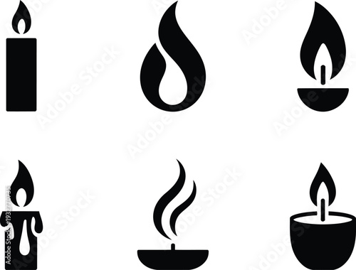 Six black silhouette icons of candles and flames on white fire light
