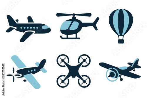 Flat vector air transport icons featuring airplane, helicopter, and drone symbols in light and dark blue, ideal for travel apps