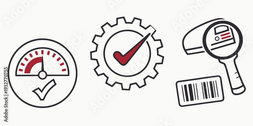 Icons representing quality control, inspection, and certification processes