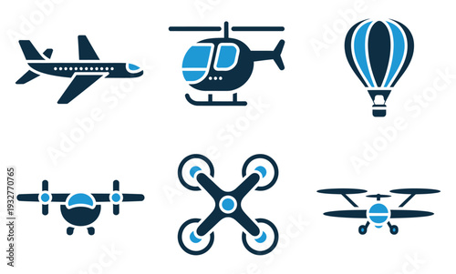 Flat vector air transport icons in light and dark blue, including airplane, helicopter, and drone illustrations