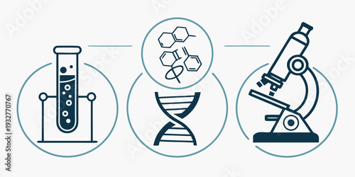 Scientific icons representing biology, chemistry, and microscopy