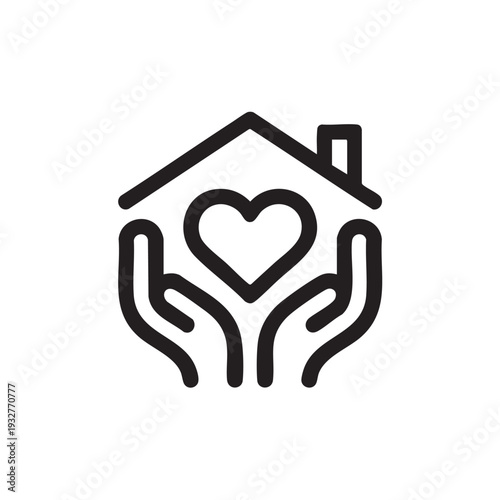 Simple black line illustration of hands holding a house with a heart inside on a plain background from a straightforward viewpoint