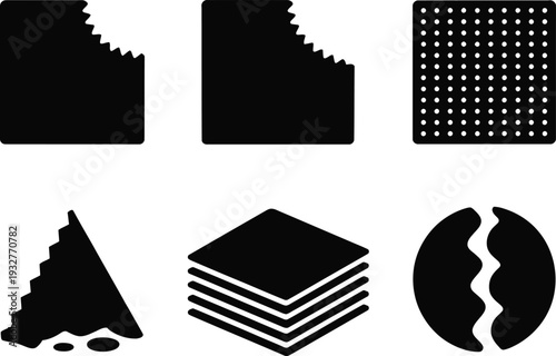 Six black silhouette icons of food items on white background cracker biscuit