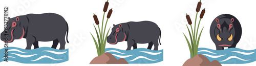 Three cartoon hippos in water with cattails, one looking angry