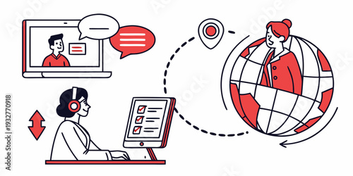 Woman working on a laptop with a globe and heart icons representing global connections.