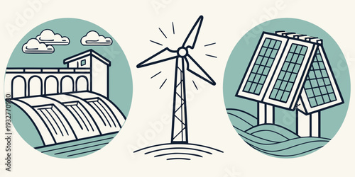 Illustration depicting renewable energy sources including solar panels and wind turbines.