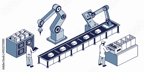 Automated manufacturing line with robotic arms and conveyor belts