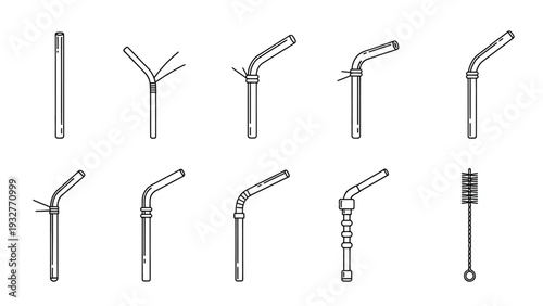 Collection of reusable metal straw variations and cleaning brush vector illustration showcasing diverse shapes for eco-friendly drinking options