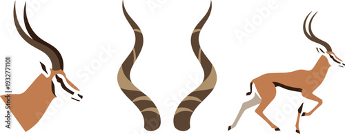 Collection of stylized gazelle heads, horns, and full body illustrations