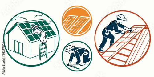Illustrations of a house, coins, a person working on a computer, and a person climbing stairs