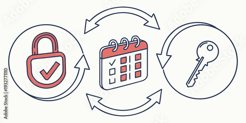 Illustration of a calendar, key, and padlock representing scheduling and access control