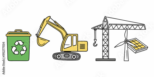 Construction equipment and recycling bin illustration set