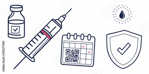 Medical symbols including a syringe, vaccine bottle, qr code, and shield.