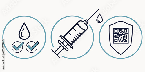Vaccination process illustration with syringe and water droplet icons