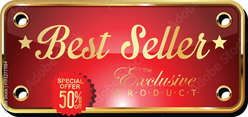 A red and gold best seller badge with a special offer