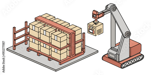 A crane lifting a stack of boxes in a warehouse with a forklift nearby