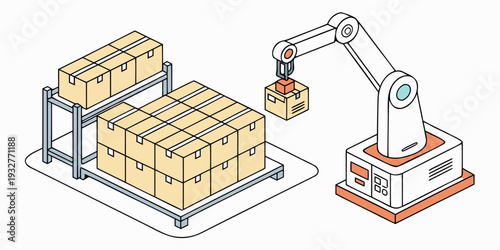 Automated robotic arm packaging and sorting boxes in a warehouse setting