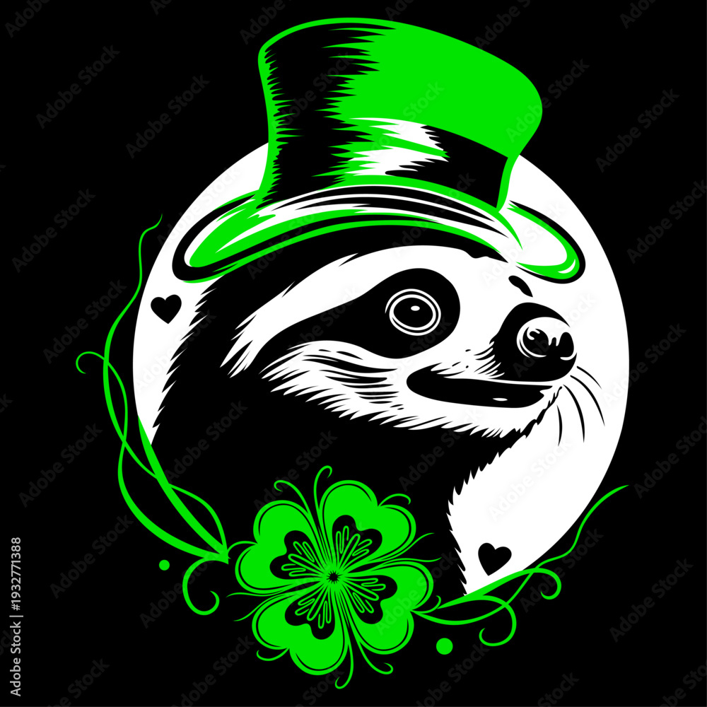 Fototapeta premium Faultier mit Leprechaun Hut und Kleeblatt als St Patricks Day Vektor Illustration auf Schwarz