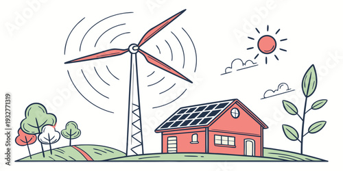 A vibrant illustration of a house powered by renewable energy sources.