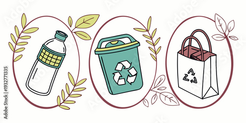 Illustration of three recycling containers for glass, paper, and plastic