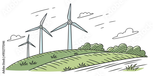 Wind turbines generating clean energy on a green hillside landscape