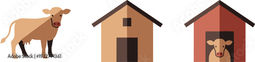 Simple flat icons of a cow and two barns, one with a cow inside