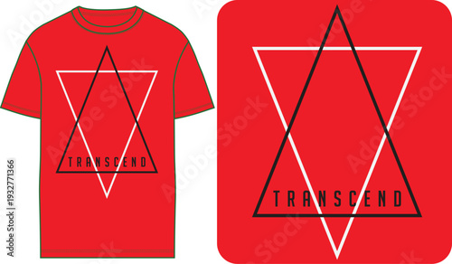 Red T-Shirt with Black and White Intersecting Triangles and 'TRANSCEND' Text Vector