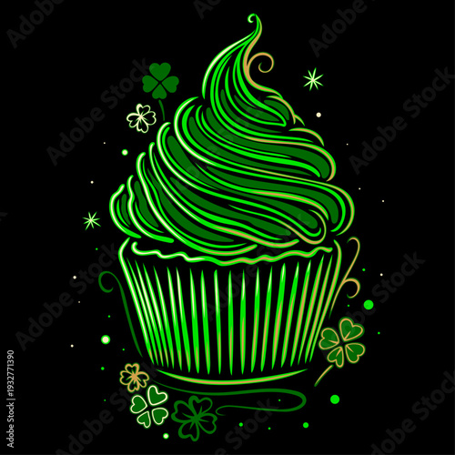 St. Patrick’s Day Cupcake Neon Grün mit Kleeblatt auf Schwarz. Vektor Design.