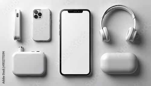White smartphone and accessories on gray background
