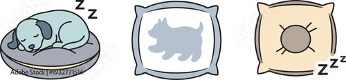 Cute cartoon dog sleeping soundly on a pet bed with pillows and zzz symbols