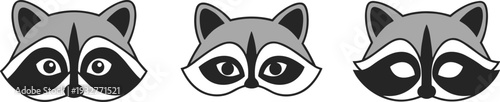 Three stylized raccoon faces with distinct expressions and eye designs