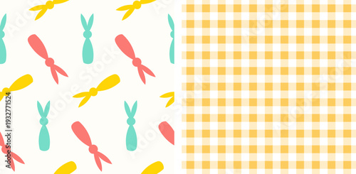 Seamless pattern set of Easter bunny silhouettes and gingham texture. Holiday design for Easter, Mother’s Day, springtime and summertime celebration, scrapbooking, home décor.  