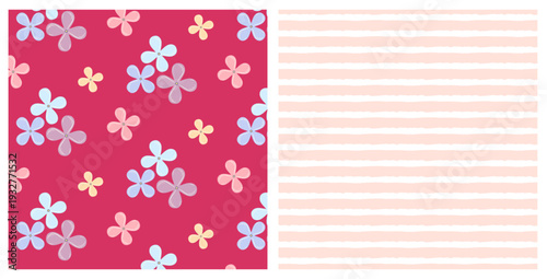 Set of two seamless patterns set with hand drawn wildflowers and stirpes on isolated background. Design for Mother’s Day, Easter, springtime and summertime celebration, scrap booking.
