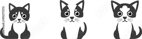 Three adorable cartoon black and white kittens sitting and looking forward