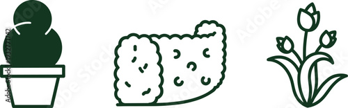 Simple line art icons of a potted cactus, a roll of sod, and blooming tulips on a white background