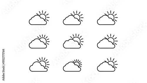 This vector illustration displays a seamless pattern of outline icons featuring a sun partially hidden behind a cloud, perfect for weather forecast designs.