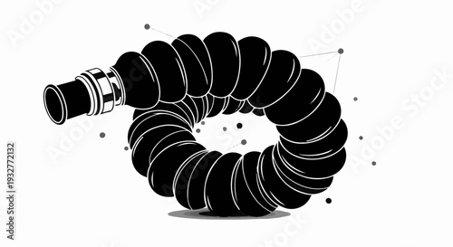 Flexible black corrugated tube coiled in a dramatic, abstract design with scattered dots.