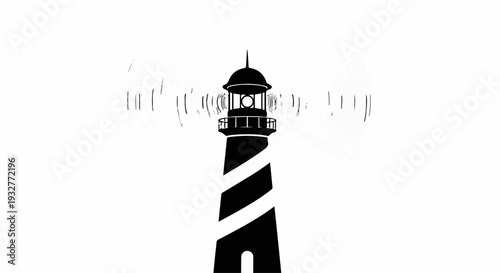 Classic lighthouse emitting a guiding light signal against a stark white background.