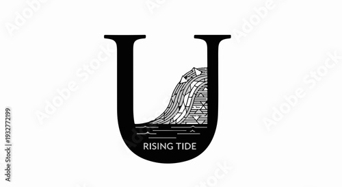 Stylized letter U with a rising tide and landmass illustration
