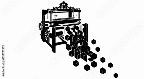 Intricate industrial loom machine creating abstract patterned output on a clean white background