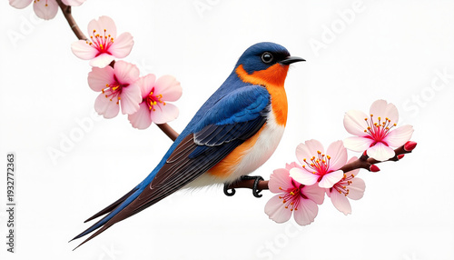 Bird perched on cherry blossom branch
