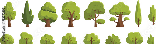 Collection of cartoon trees and bushes in various styles, including coniferous and deciduous vegetation, for landscape design, education, environment, and creative illustration projects