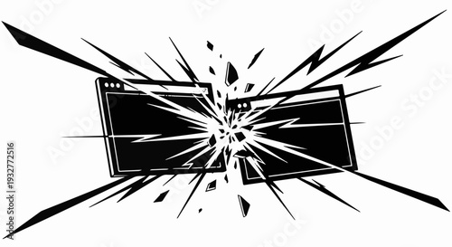 Digital screen shattered by powerful energy burst, symbolizing system crash or data destruction.