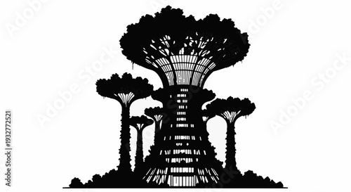 Futuristic organic architecture with towering trees and elevated walkways, symbolizing sustainable urban design.