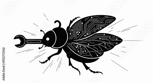 Creative digital beetle with circuit board wings and tool antenna symbolizes technology and innovation