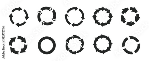A collection of 10 black recycling symbols on a white background