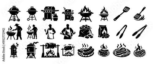 BBQ and Grilling Silhouette Icon Set – Barbecue Equipment, Grill Master, Smoker, Steak, Sausage, Charcoal, Outdoor Cooking Collection