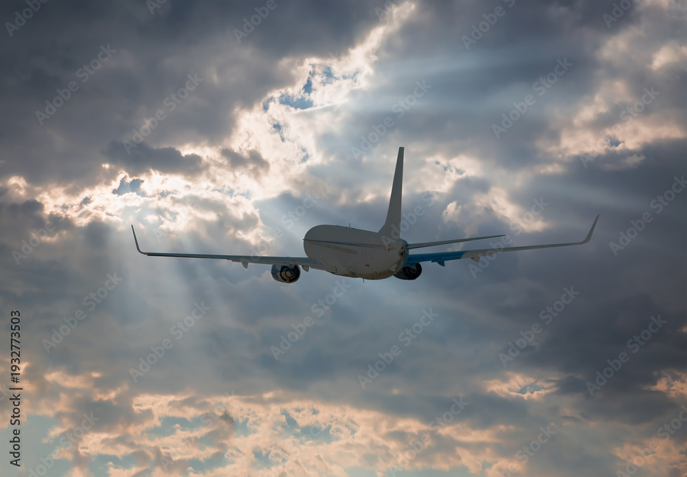 Obraz premium White passenger airplane flying in the sky amazing clouds in the background - Travel by air transport