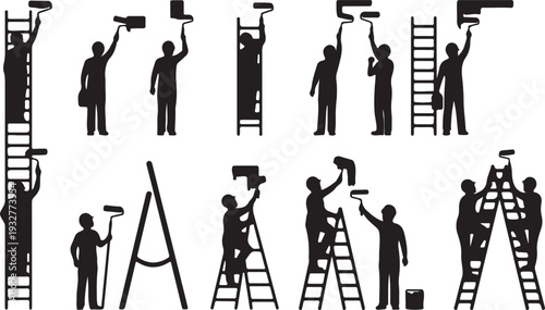 Set of Black Vector Silhouettes of People Painting with Rollers and Ladders isolated PNG with Transparent Background