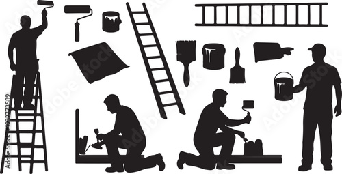 Isolated Collection of Painter Men and Painting Tools Black Silhouettes Vector isolated PNG with Transparent Background